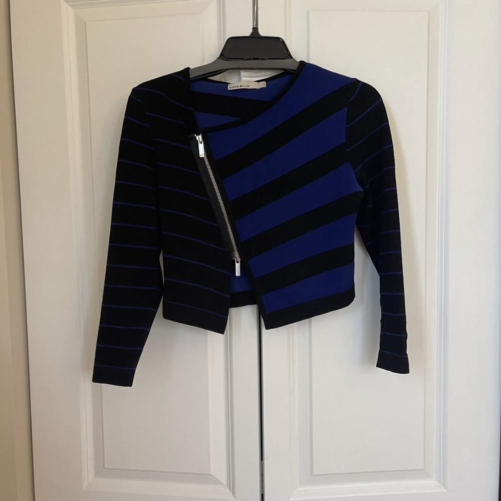 Karen Millen Asymmetrical Zip Cardigan Blue-Black